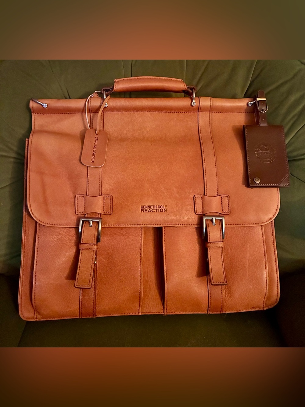 Kenneth Cole Reaction Cognac Leather Two-Buckle Briefcase